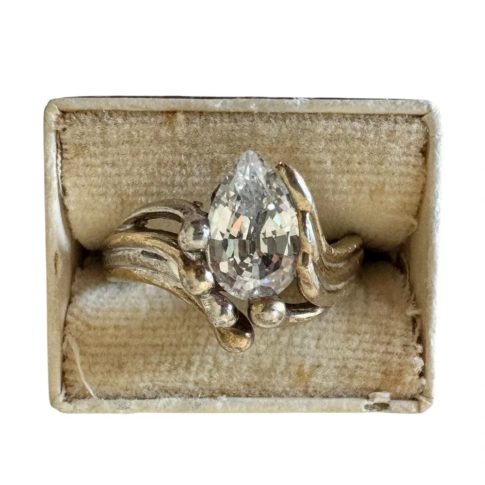 Vintage Artisan Sterling Silver Pear Cubic Zirconia Brutalist Modern Ring Size 8